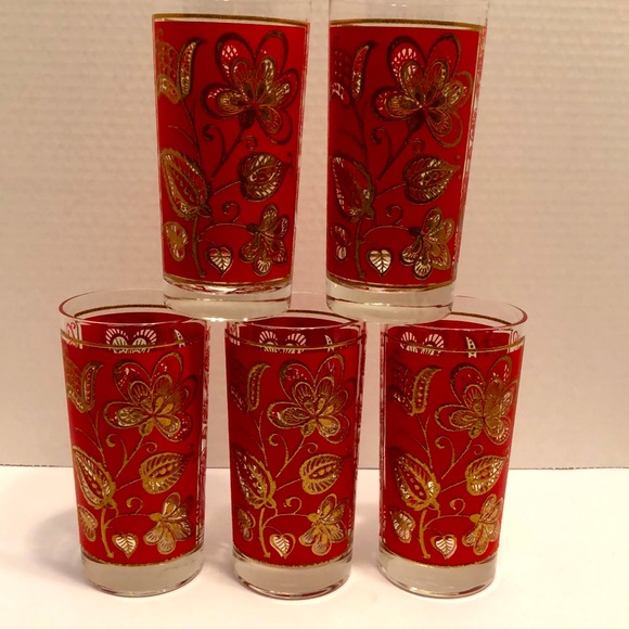 Libbey Dining Libby 97s Gold Flower Tom Collins Highball Glasses